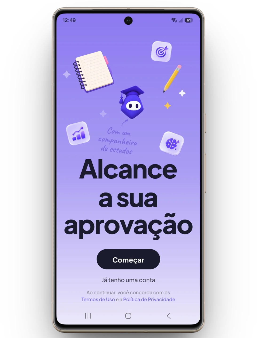 Tela de abertura do app com a frase Alcance a sua aprovação.