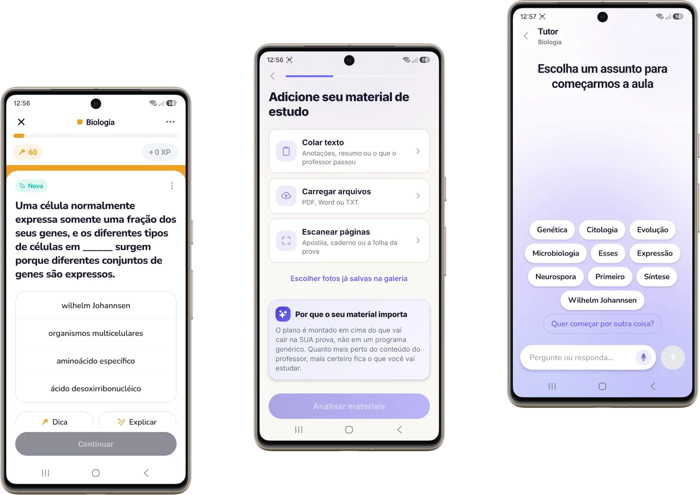 Telas do app: questão com dica e explicação, envio de material de estudo e escolha de assunto com o tutor.